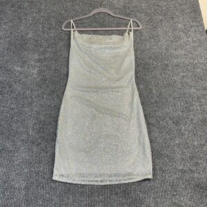PrettyLittleThing Silver Glitter Cowl Neck Mini Dress Bodycon Backless US 6 NEW